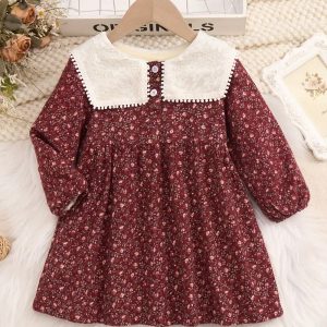 Girls' Floral Print Dress with Contrast Lace Collar - Thick Velvet, Long Sleeve, Knee-Length, Red Floral Print Pattern.