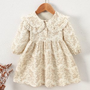 1pc Girls' Floral Print Dress with Ruffled Collar & Long Sleeves