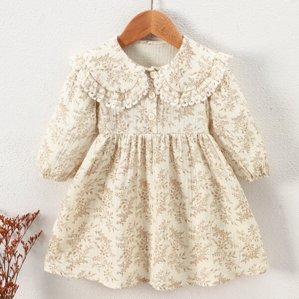 1pc Girls' Floral Print Dress with Ruffled Collar & Long Sleeves