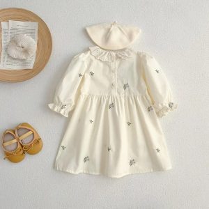 Girls' Spring/Fall Pastoral Print Lace Trim Collar Petal Long Sleeve Casual Dress