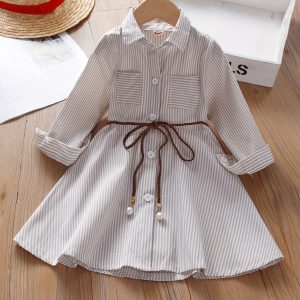 Chic Girls' Striped Cotton Blend Shirt Dress with Pockets