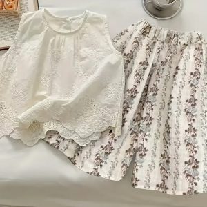 2 pieces Set, Casual Loose Embroidered Top + Floral Print Wide-Leg Pants