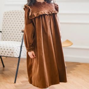 Girls' Long Sleeve Velvet Princess Dress with Ruffled Neckline & Flared Skirt