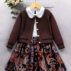 2PCS, Girls Knit Cardigan + Paisley Pattern Long-Sleeve Doll Collar Dress Set