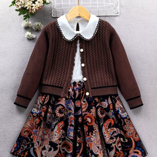 2PCS, Girls Knit Cardigan + Paisley Pattern Long-Sleeve Doll Collar Dress Set