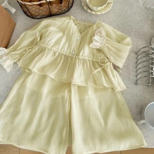 2pcs Set Girls' Summer New Style Ruffle Shirt and Wide Leg Pants