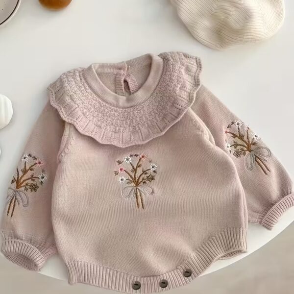 Soft Pink Long Sleeve Smock Dress with Ruffled Collar & Button Closure