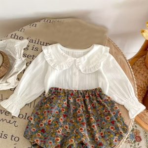 Two-Piece Set - Doll Collar Jacquard Top + Floral Double Layer Floral Pants