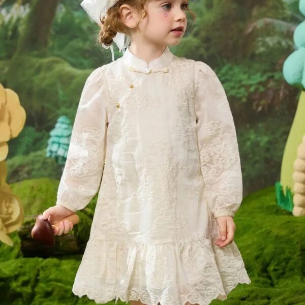 Girls' Elegant Floral Print Dress with Stand Collar & Long Sleeves