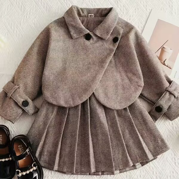 Two Piece Set of Casual Tweed Lapel Coat and Retro Pleated Skirt