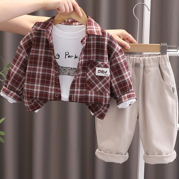 3pcs Boys' Casual Outfit Set with Plaid Shirt, Dog Print T-Shirt & Solid Color Pants