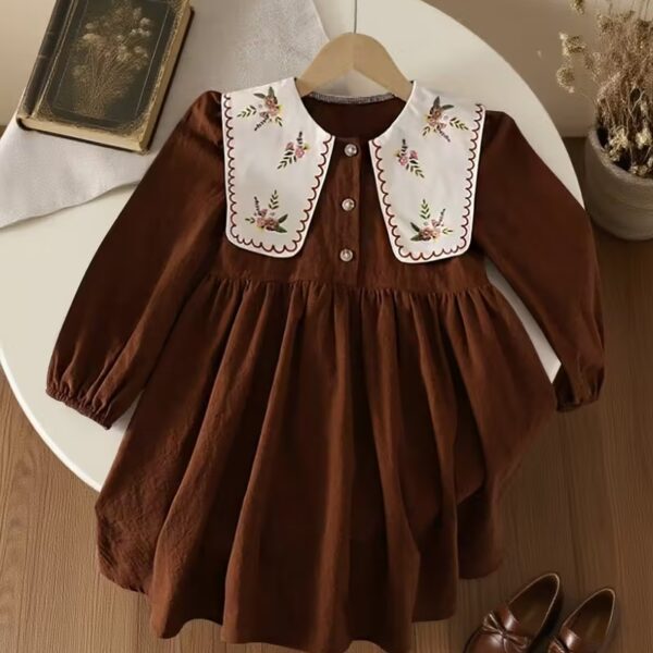 Floral Embroidery, Doll Collar, Long Sleeve Dress