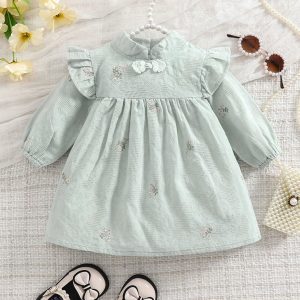 Baby 's Chinese Traditional Pure Cotton Dress with Smock Collar & All-Over Floral Embroidery