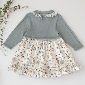 Knitted Dress - Long Sleeve Smock Dress with Floral Panel