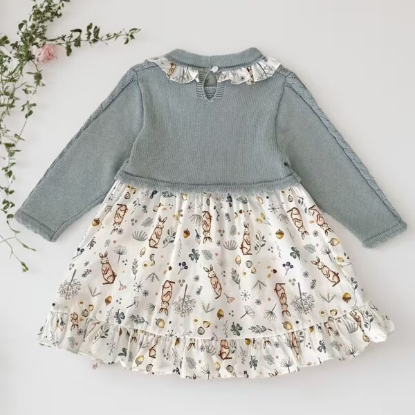 Knitted Dress - Long Sleeve Smock Dress with Floral Panel