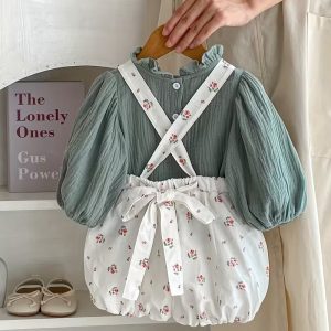 2 Pieces Set Versatile Doll Collar Fragmented Blouse Top + Green Strap Fluffy Skirts