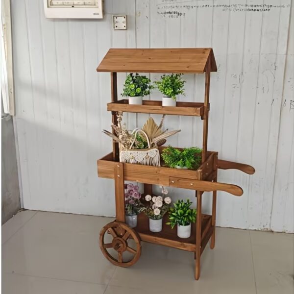 Rustic Vintage Two-Tier Wooden Trolley Plant Stand with Wheels