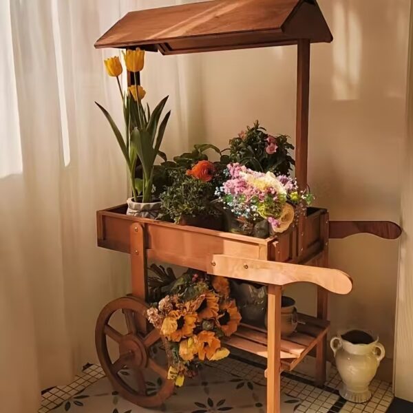 Rustic Vintage Two-Tier Wooden trolley Plant Stand with Wheels