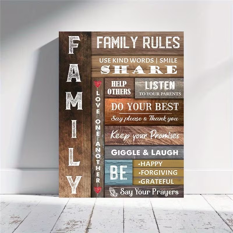 1pc Inspirational Family Rules Canvas Wall Art with Rustic Wooden Frame