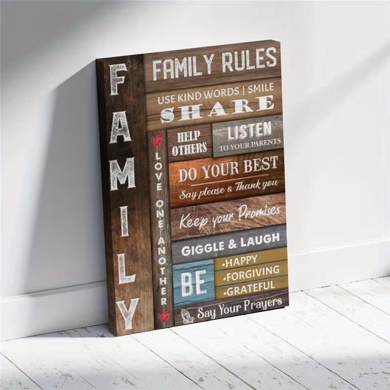 Inspirational Family Rules Canvas Wall Art with Rustic Wooden Frame - Image 3