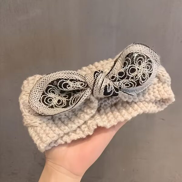 Chic Beige & Black Floral Embroidered Knit Bow Headband
