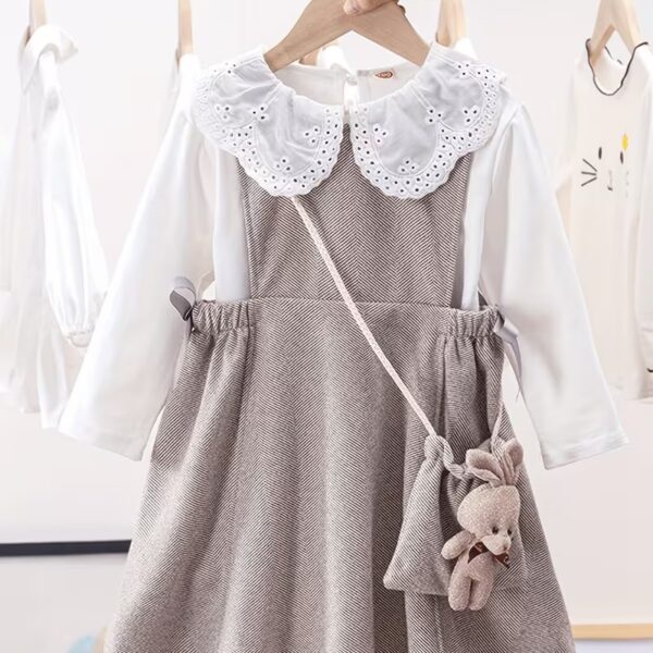 Girl's Outfit Sweet Lace Collar Long Sleeve Top + Wide Straps Overall Dress