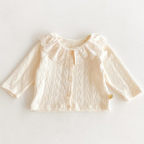 Baby Girl's White Lace Trim Ruffled Collar Long Sleeve Blouse