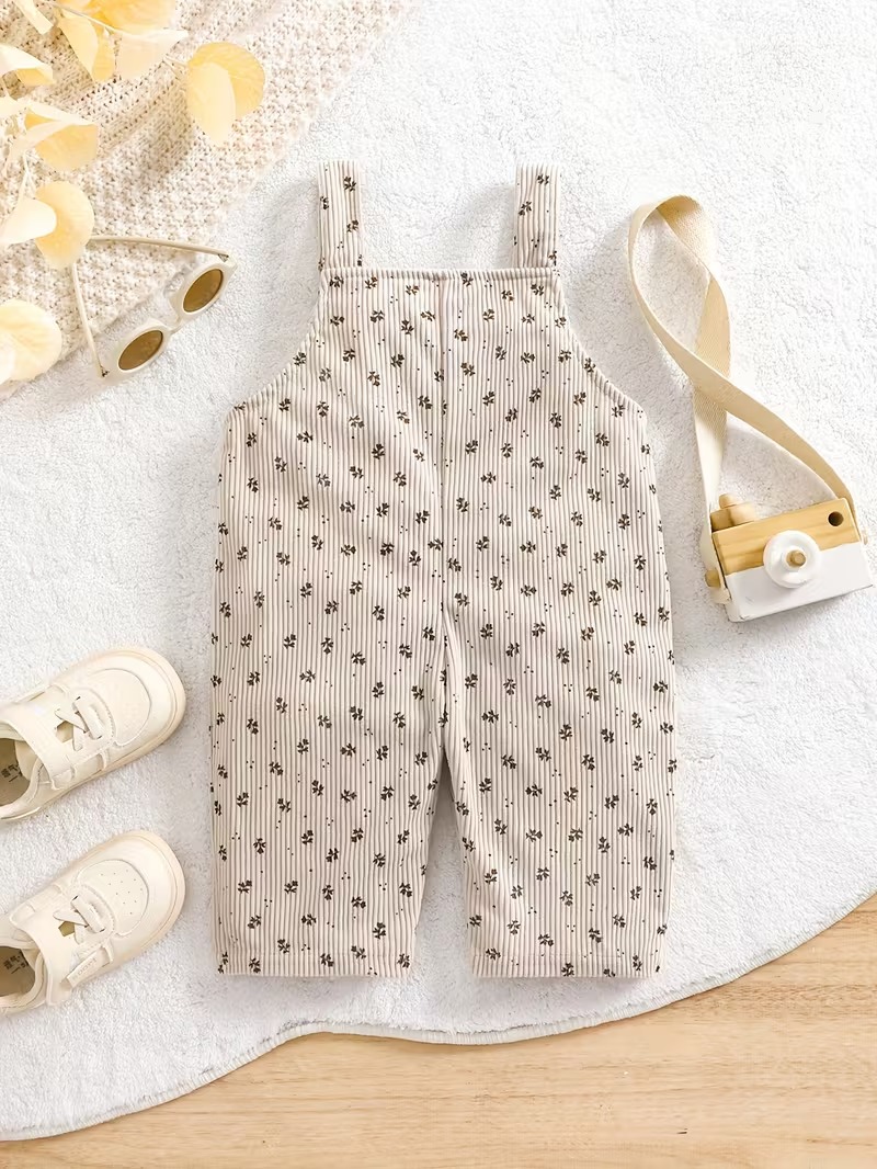 Unisex Corduroy Overalls with Floral Pattern